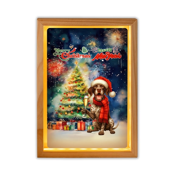 Merry Christmas and Happy New Year Santa German Shorthaired Pointer Holiday Xmas Winter 2025 Acrylic Plaque with Wood Photo Frame Box GSP Lover Dog Gift Light Box - 00024
