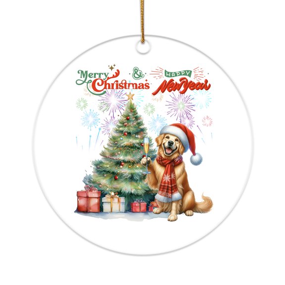 Merry Christmas and Happy New Year Santa Golden Retriever Holiday Xmas Winter 2025 Acrylic Round Ornament Goldens Dog Lover Gifts Idea Home Tree Decor - 00024