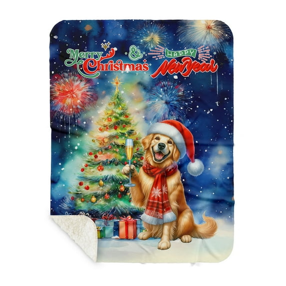 Merry Christmas and Happy New Year Santa Golden Retriever Holiday Xmas Winter 2025 Cozy Sherpa Blanket Goldens Dog Lover Gifts Idea Warm Soft Throw Blanket - 00024