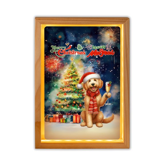 Merry Christmas and Happy New Year Santa Goldendoodle Holiday Xmas Winter 2025 Acrylic Plaque with Wood Photo Frame Box Doodle Dog Lover Gifts Idea Light Box - 00024