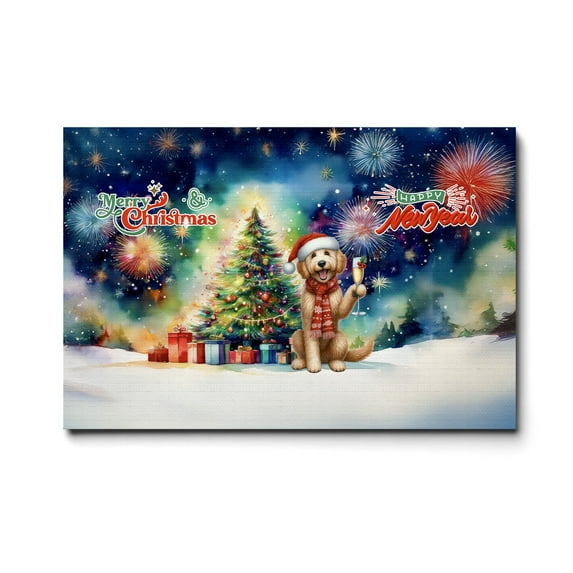 Merry Christmas and Happy New Year Santa Goldendoodle Holiday Xmas Winter 2025 Horizontal Matte Canvas Poster Doodle Dog Lover Gifts Idea Wall Art Home Decor - 00024