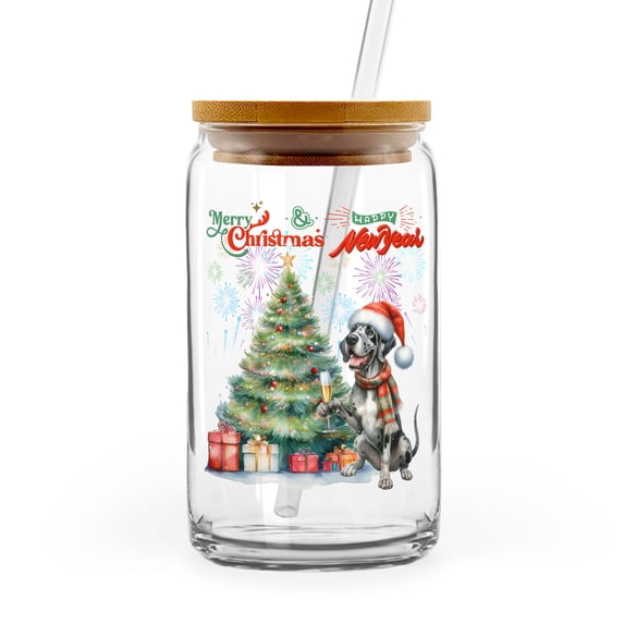 Merry Christmas and Happy New Year Santa Great Dane Holiday Xmas Winter 2025 16oz Glass Cup Mug Danes Dog Lover Gifts Glass Can with Bamboo Lid and Straw - 00024