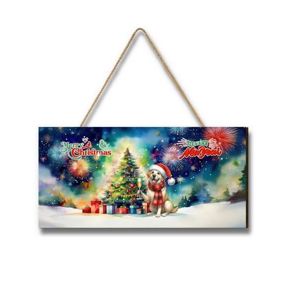 Merry Christmas and Happy New Year Santa Labrador Retriever Holiday Xmas Winter Landscape Wood Sign Lab Dog Lover Gifts Hanging Wall Home Decor - 00024