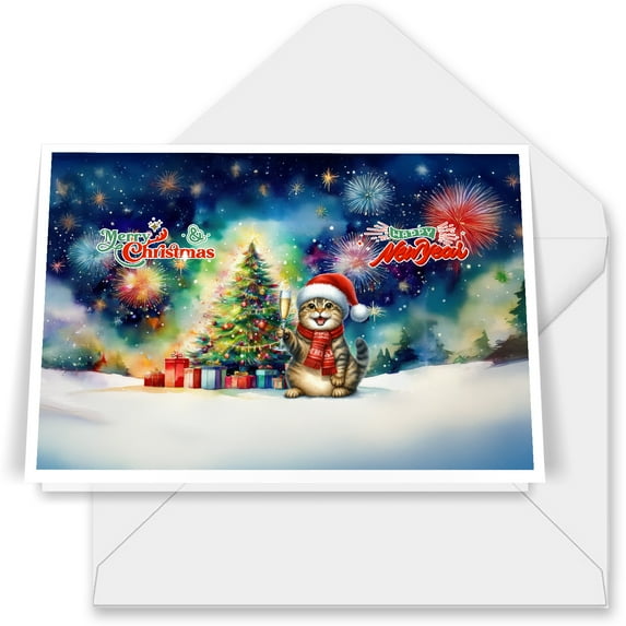 Merry Christmas and Happy New Year Santa Manx Holiday Xmas Winter 7x5in Folded Greeting Card Cat Lover Kitten Owner Gifts Single Note Card with Envelope - 00024