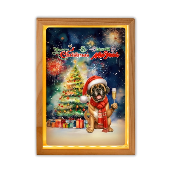 Merry Christmas and Happy New Year Santa Mastiff Holiday Xmas Winter 2025 Acrylic Plaque with Wood Photo Frame Box Mastiffs Dog Lover Gifts Idea Light Box - 00024