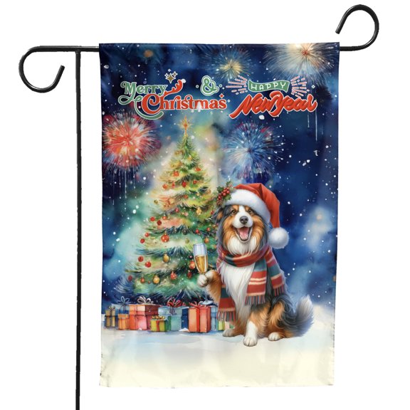 Merry Christmas and Happy New Year Santa Miniature American Shepherd Holiday Xmas Winter 2025 Garden Flag 12x18in Double Sided MAS Dog Lover Gifts Outdoor Decor - 00024