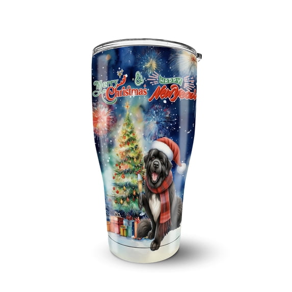 Merry Christmas and Happy New Year Santa Newfoundland Holiday Xmas Winter 30oz Stainless Steel Tumbler Insulated Cup with Lid Newfie Dog Lover Gifts - 00024