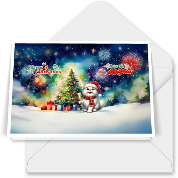 Merry Christmas and Happy New Year Santa Persian Holiday Xmas Winter 7x5in Folded Greeting Card Cat Lover Kitten Owner Gifts Single Note Card with Envelope - 00024