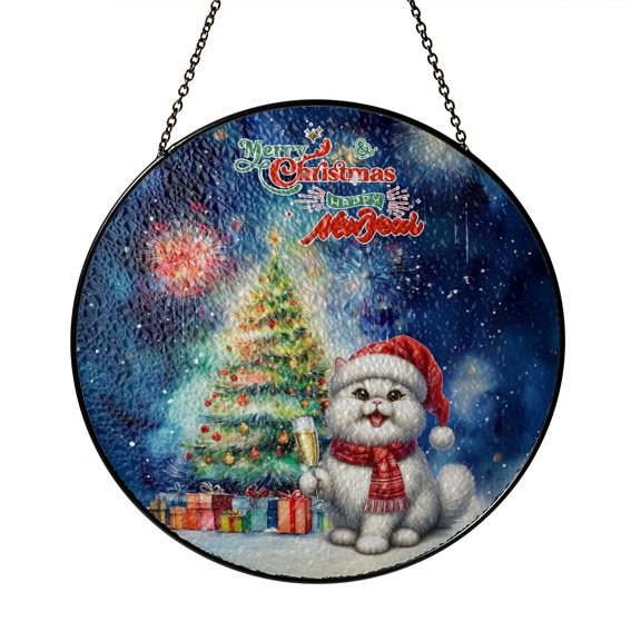 Merry Christmas and Happy New Year Santa Persian Holiday Xmas Winter 2025 Stained Glass Suncatcher Cat Lover Kitten Owner Gifts Window Hanging Sign Decor - 00024