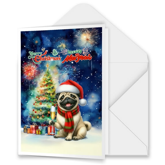 Merry Christmas and Happy New Year Santa Pug Holiday Xmas Winter 2025 5x7in Folded Greeting Card Dog Lover Gifts Single Note Card with Envelope - 00024