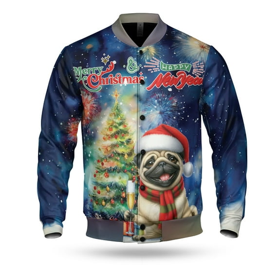 Merry Christmas and Happy New Year Santa Pug Holiday Xmas Winter All Over Print 3D Baseball Jacket Dog Lover Gifts Bomber Jacket Softball - 00024