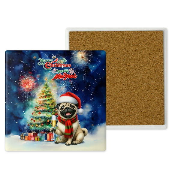 Merry Christmas and Happy New Year Santa Pug Holiday Xmas Winter Set of 4 Stone Coasters Dog Lover Gifts 4x4in Absorbent Soapstone Coaster - 00024