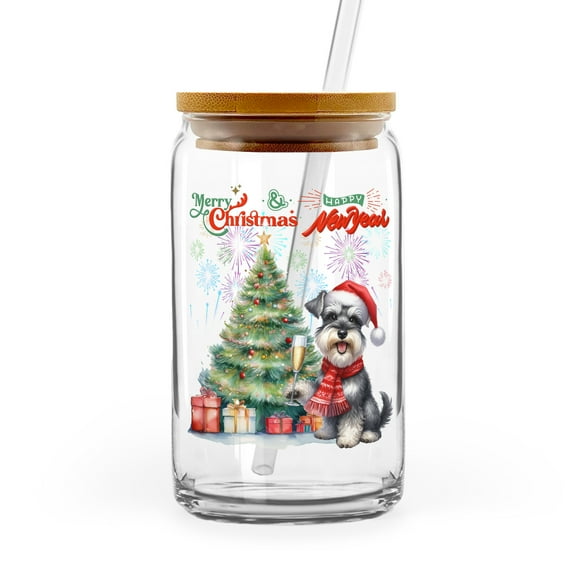 Merry Christmas and Happy New Year Santa Schnauzer Holiday Xmas Winter 2025 16oz Glass Cup Mug Miniature Schnauzer Dog Lover Glass Can with Bamboo Lid and Straw - 00024