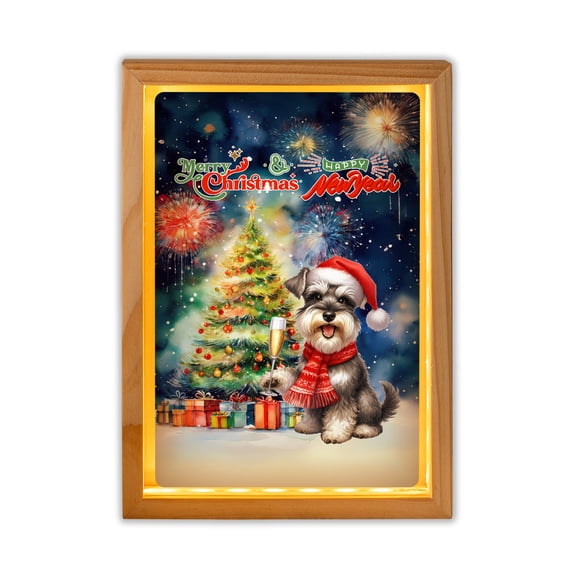 Merry Christmas and Happy New Year Santa Schnauzer Holiday Xmas Winter 2025 Acrylic Plaque with Wood Photo Frame Box Miniature Schnauzer Dog Lover Light Box - 00024