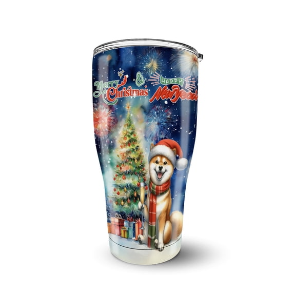 Merry Christmas and Happy New Year Santa Shiba Inu Holiday Xmas Winter 30oz Stainless Steel Tumbler Insulated Cup with Lid Shibas Dog Lovers Gifts Idea - 00024