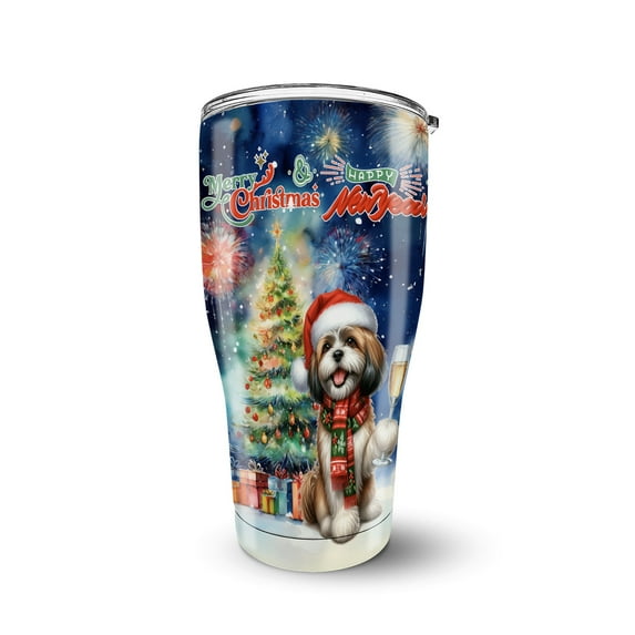 Merry Christmas and Happy New Year Santa Shih Tzu Holiday Xmas Winter 30oz Stainless Steel Tumbler Insulated Cup with Lid Lion Dog Lover Gifts - 00024