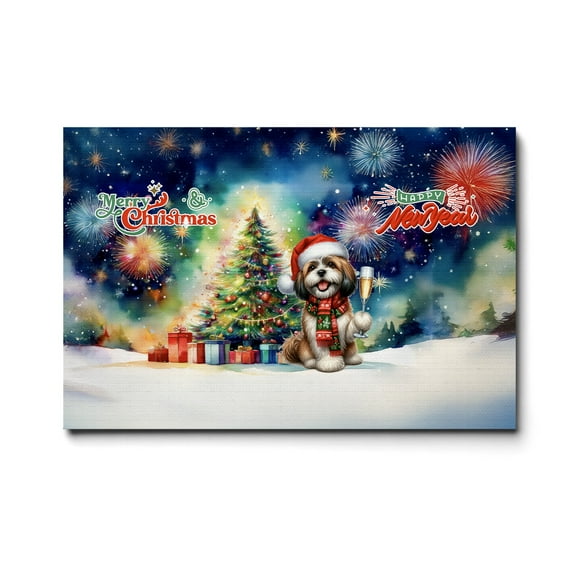 Merry Christmas and Happy New Year Santa Shih Tzu Holiday Xmas Winter 2025 Horizontal Matte Canvas Poster Lion Dog Lover Gifts Wall Art Home Decor - 00024