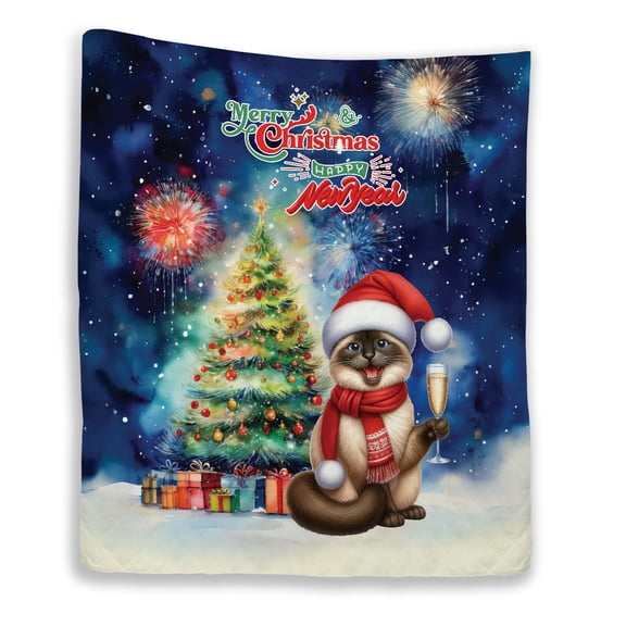Merry Christmas and Happy New Year Santa Siamese Holiday Xmas Winter 2025 Quilt Blanket Cat Lover Kitten Owner Gifts Cozy Comforter Throw Blanket - 00024