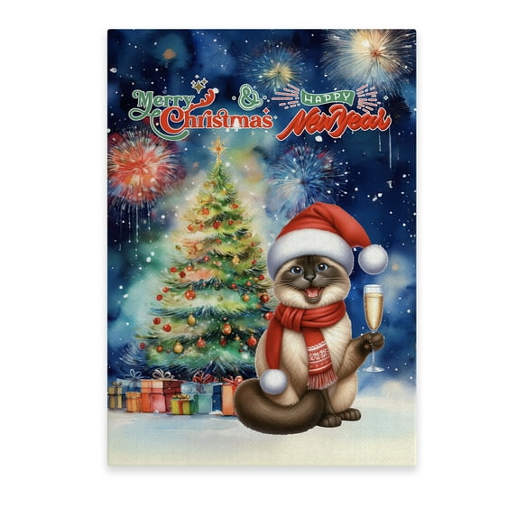 Merry Christmas and Happy New Year Santa Siamese Holiday Xmas Winter 2025 Vertical Matte Canvas Poster Cat Lover Kitten Owner Gifts Wall Art Home Decor - 00024