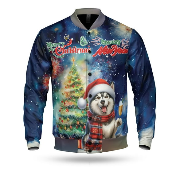 Merry Christmas and Happy New Year Santa Siberian Husky Holiday Xmas Winter 2025 All Over Print 3D Baseball Jacket Husky Dog Lover Gifts Bomber Jacket Softball - 00024