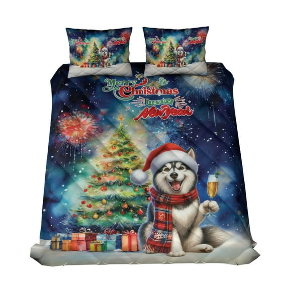 Merry Christmas and Happy New Year Santa Siberian Husky Holiday Xmas Winter 2025 Quilt Bedding Set Husky Dog Lover Gifts 1 Blanket Bed Cover 2 Pillowcases - 00024