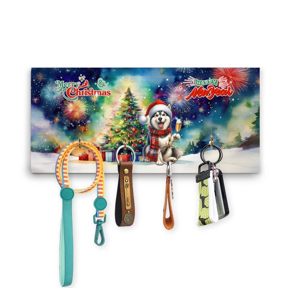 Merry Christmas and Happy New Year Santa Siberian Husky Holiday Xmas Winter 2025 Wood Key Holder Husky Dog Lover Gifts Wall-mounted Key Rack Home Decor - 00024