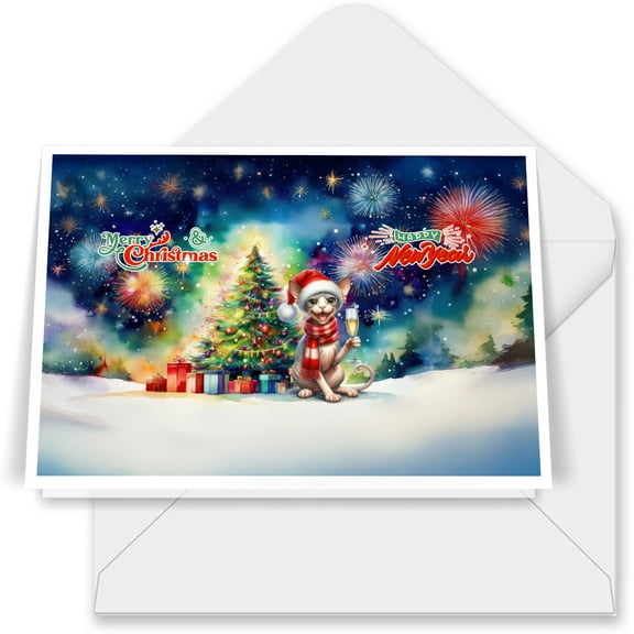 Merry Christmas and Happy New Year Santa Sphynx Holiday Xmas Winter 7x5in Folded Greeting Card Cat Lover Kitten Owner Gifts Idea Single Note Card with Envelope - 00024