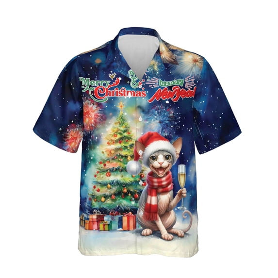 Merry Christmas and Happy New Year Santa Sphynx Holiday Xmas Winter 2025 Hawaiian Shirt Breathable Summer Unisex Merch Cat Lover Kitten Owner Gifts Idea - 00024