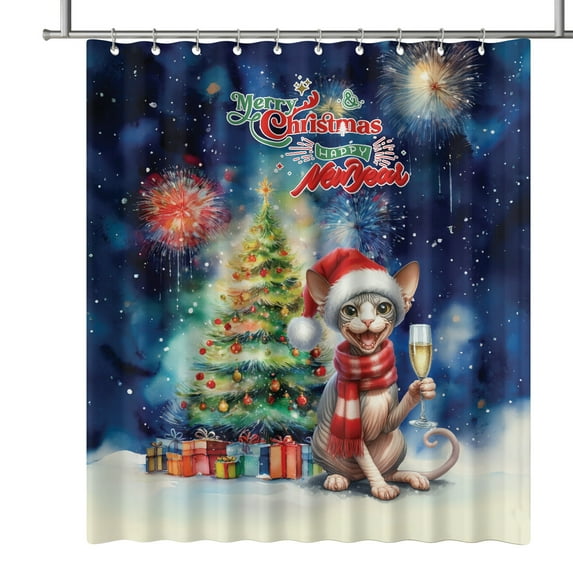 Merry Christmas and Happy New Year Santa Sphynx Holiday Xmas Winter 2025 Shower Curtain Cat Lover Kitten Owner Gifts Idea Waterproof Bathroom Bathtub Curtain - 00024