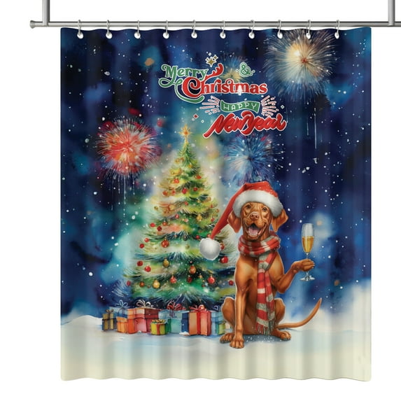 Merry Christmas and Happy New Year Santa Vizsla Holiday Xmas Winter 2025 Shower Curtain Vizslas Dog Lover Gifts Idea Waterproof Bathroom Bathtub Curtain - 00024