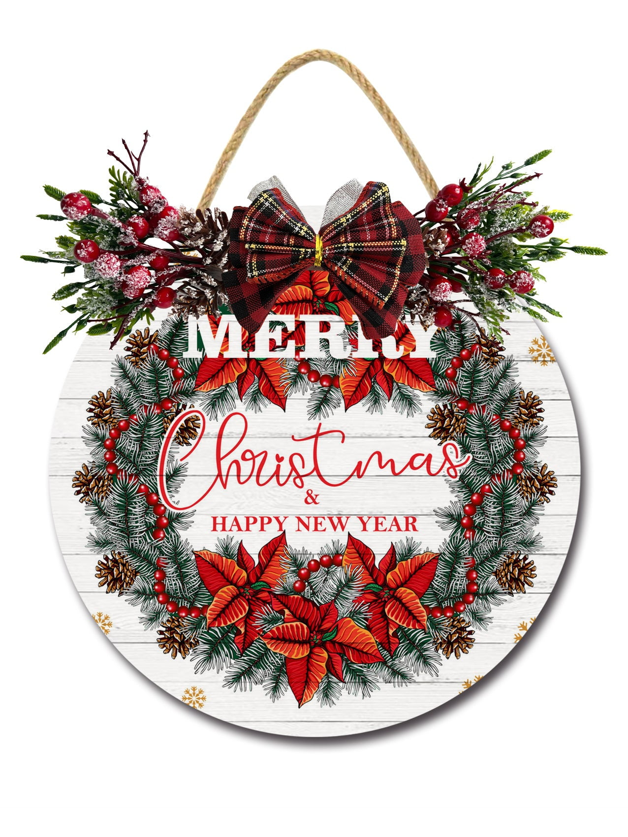 Merry Christmas & Happy New Year Sign Front for Door Decoration, 12 in