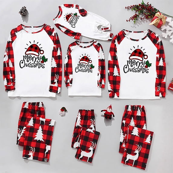 Merry Christmas Hat Christmas Family Pajamas Matching Sets Long Sleeve Cute Graphic Tops and Plaid Pants Xmas Holiday Sleepwear Jammies Christmas Family Pajamas Matching Sets,