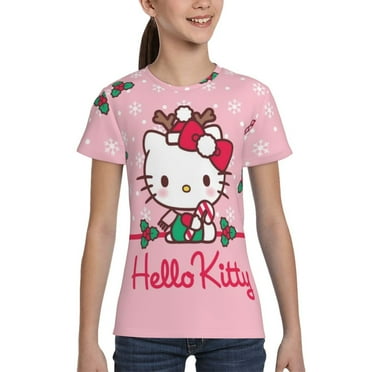 Merry Christmas Hello Kitty Girls Shirts,Baby Girls' and Toddler Summer Short Sleeve Graphic T-Shirts 6-18 Years,XL