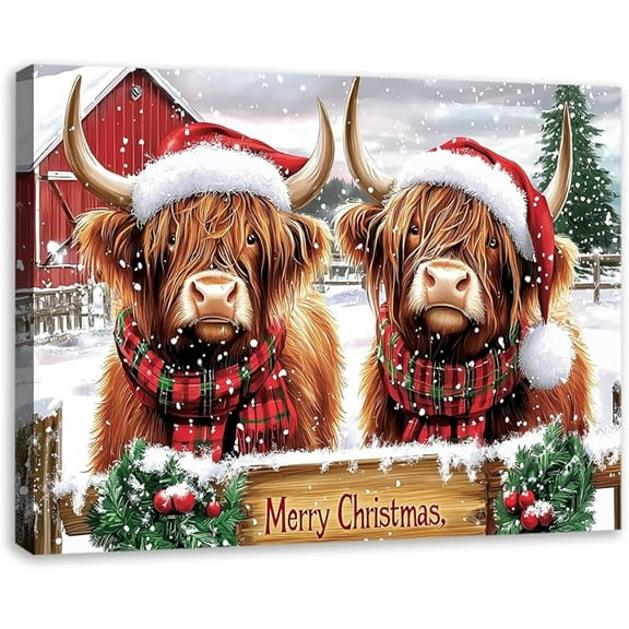 Merry Christmas Highland Cow Wall Art Canvas Prints,Farmhouse Winter Animal Decor,Red Barn Snow Scene Poster Artwork,Xmas Gift for Bedroom Living Room