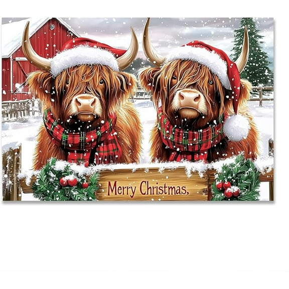 Merry Christmas Highland Cow Wall Art Canvas Prints,Farmhouse Winter Animal Decor,Red Barn Snow Scene Poster Artwork,Xmas Gift for Bedroom Living Room