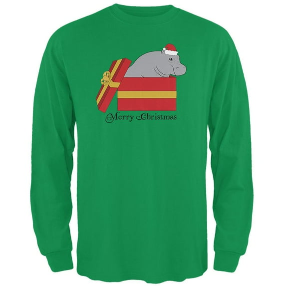 Merry Christmas Hippo Hippopotamus Cute Mens Long Sleeve T Shirt Irish Green 2XL