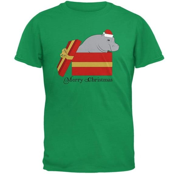 Merry Christmas Hippo Hippopotamus Cute Mens T Shirt Irish Green MD