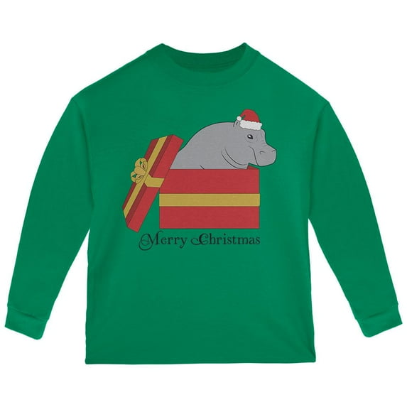 Merry Christmas Hippo Hippopotamus Cute Toddler Long Sleeve T Shirt Green 2T