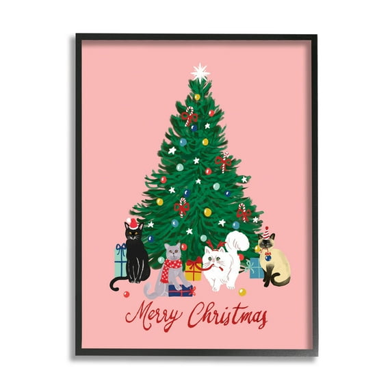 Merry Christmas Holiday Cats Holiday Graphic Art Black Framed Art Print Wall Art