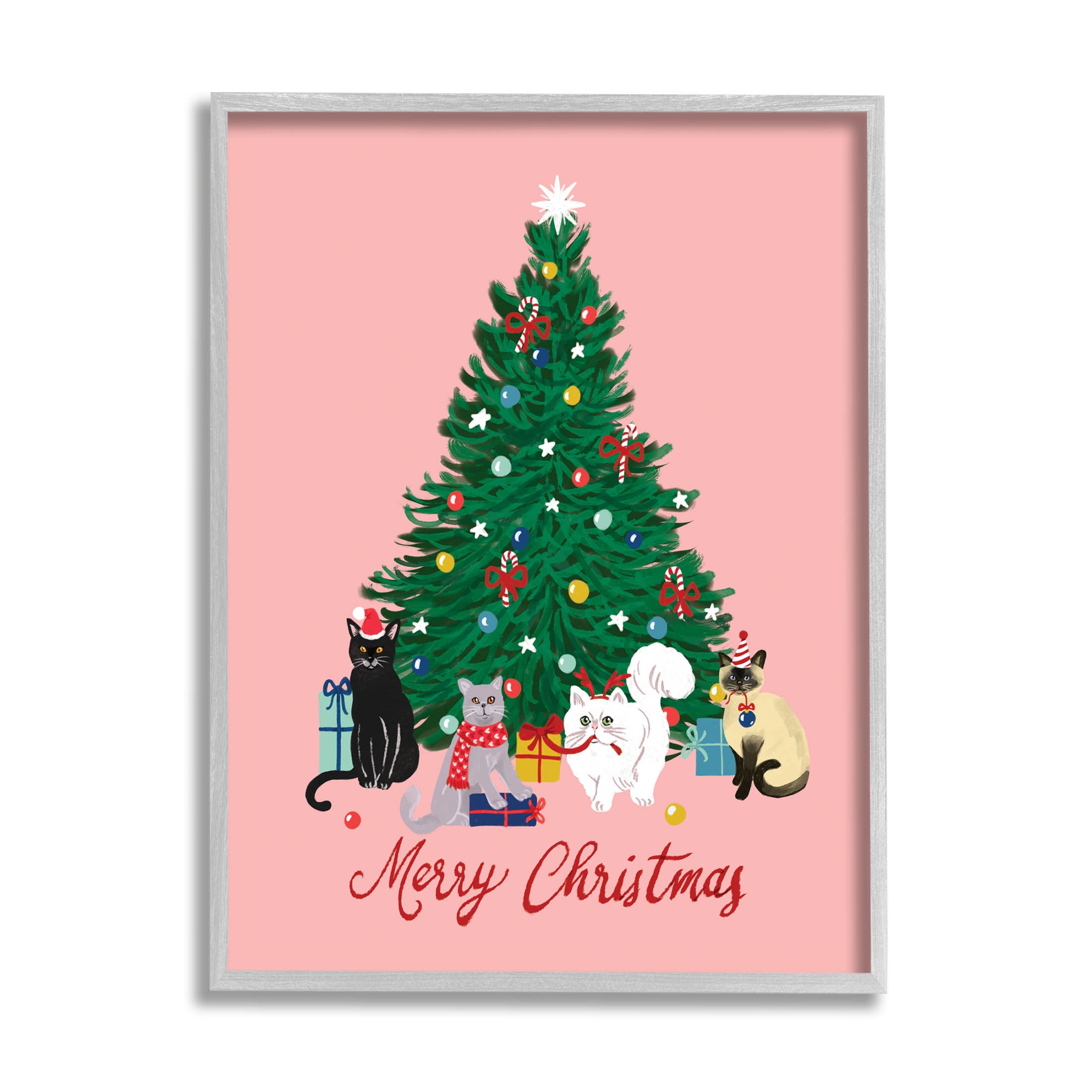 Merry Christmas Holiday Cats Holiday Graphic Art Gray Framed Art Print Wall Art
