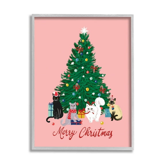 Merry Christmas Holiday Cats Holiday Graphic Art Gray Framed Art Print Wall Art