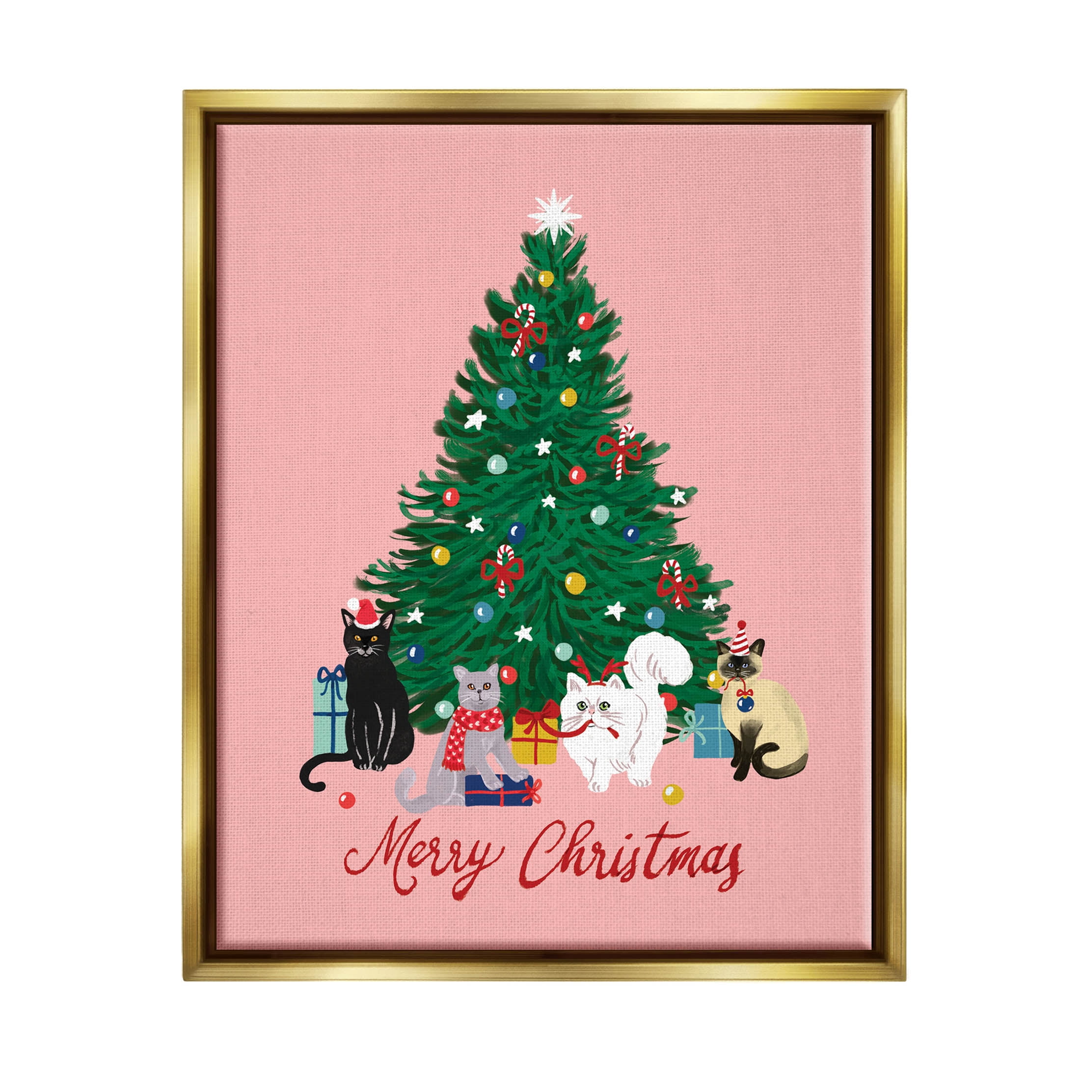 Merry Christmas Holiday Cats Holiday Graphic Art Metallic Gold Framed Art Print Wall Art