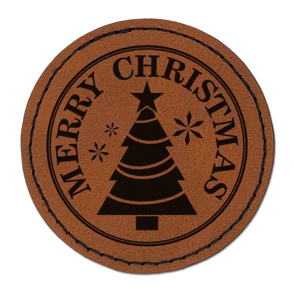 Merry Christmas Holiday Evergreen Tree 2.5" Faux Leather Round Engraved Iron-On Patch - Brown