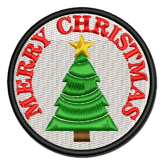 Merry Christmas Holiday Evergreen Tree Applique Multi-Color Embroidered Hook & Loop Patch - 3.5 Inch Large