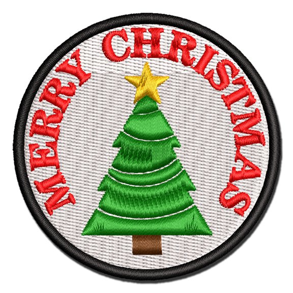 Merry Christmas Holiday Evergreen Tree Applique Multi-Color Embroidered Iron-On Patch - 3 Inch Medium