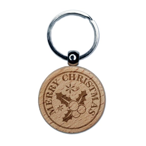 Merry Christmas Holiday Holly Berry Leaf Round Keychain Charm Tag - Engraved Wood