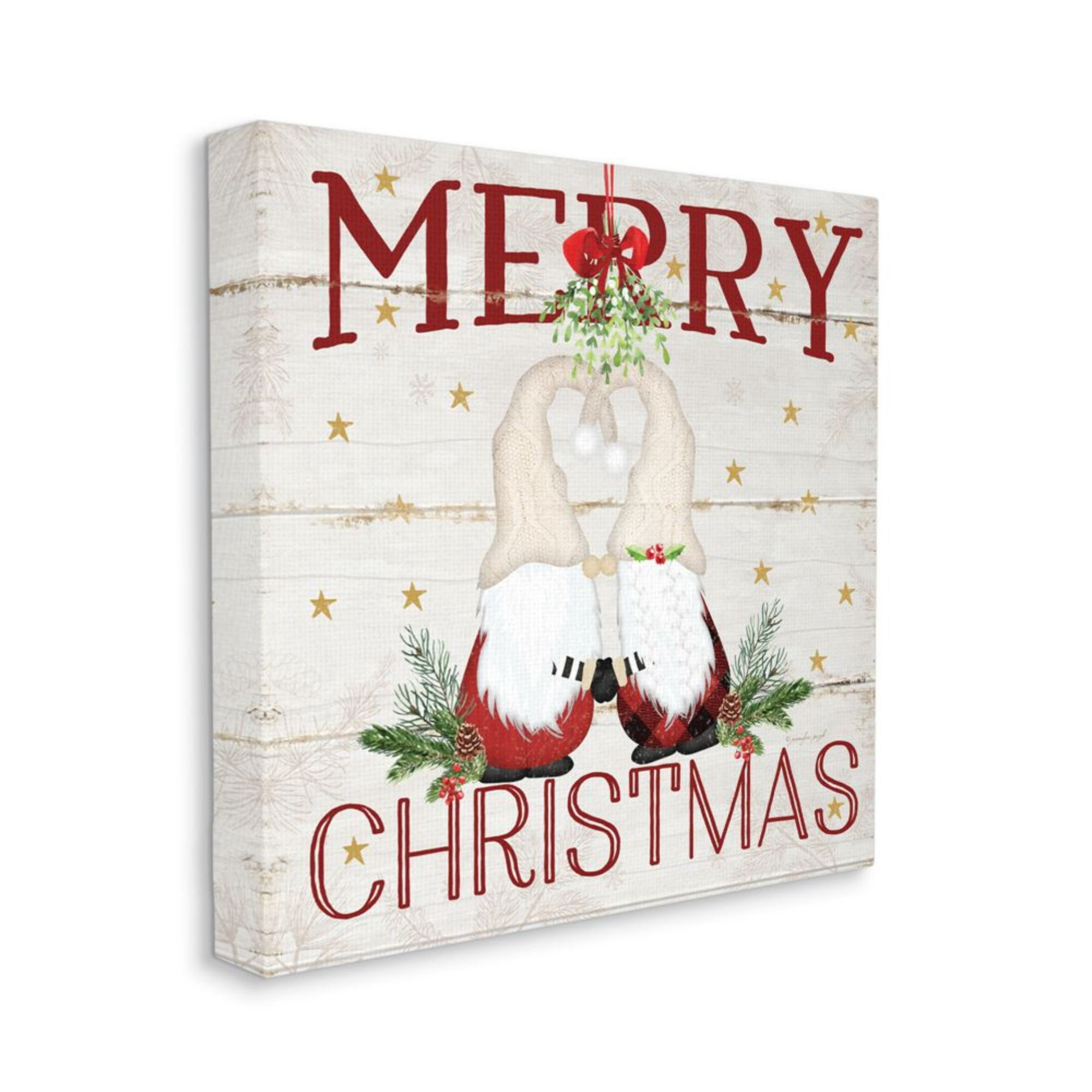 Merry Christmas Holiday Phrase Gnomes Under Mistletoe Holiday Gallery-Wrapped Canvas Print Wall Art, 17x17
