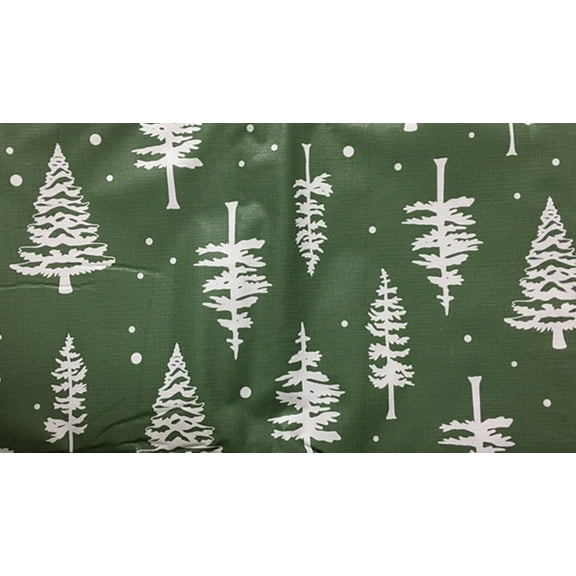 Merry Christmas Holiday Snow Trees White on Green color Flannel Backed PEVA Vinyl Tablecloth (60"x84" Oblong)