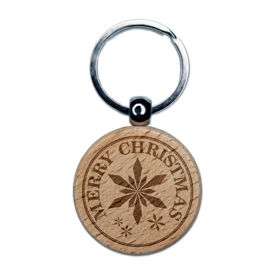 Merry Christmas Holiday Snowflake Round Keychain Charm Tag - Engraved Wood