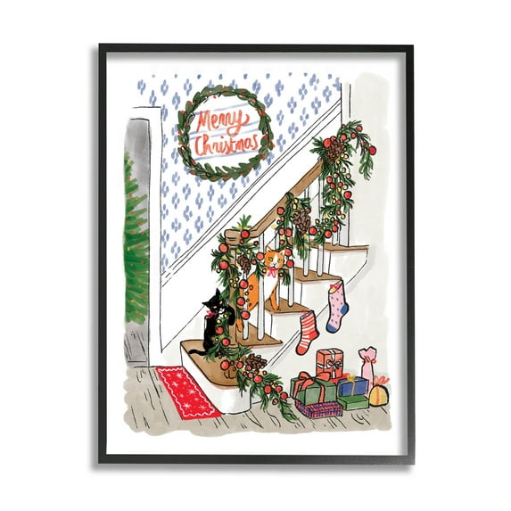 Merry Christmas Holiday Stairway Holiday Graphic Art Black Framed Art Print Wall Art